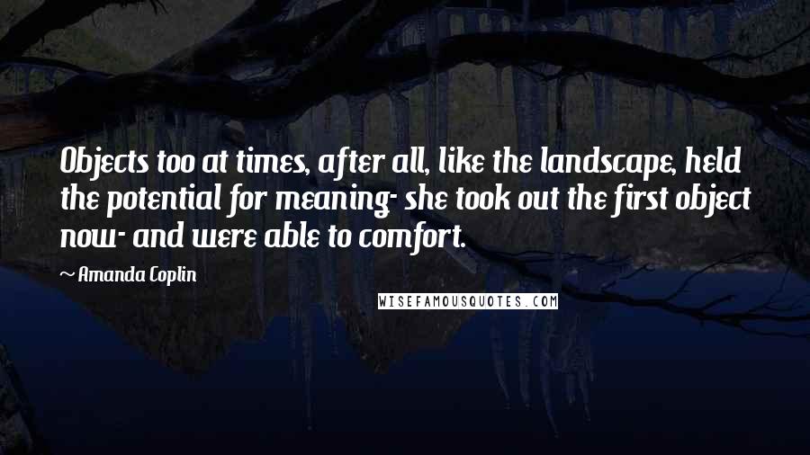 Amanda Coplin Quotes: Objects too at times, after all, like the landscape, held the potential for meaning- she took out the first object now- and were able to comfort.