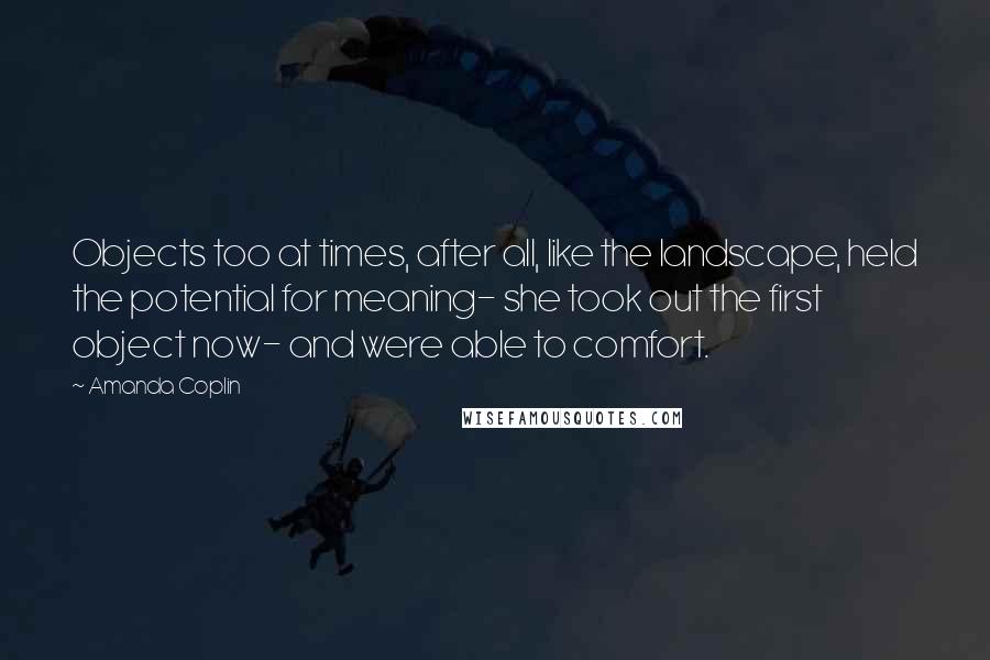 Amanda Coplin Quotes: Objects too at times, after all, like the landscape, held the potential for meaning- she took out the first object now- and were able to comfort.