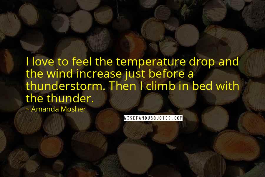 Amanda Mosher Quotes: I love to feel the temperature drop and the wind increase just before a thunderstorm. Then I climb in bed with the thunder.