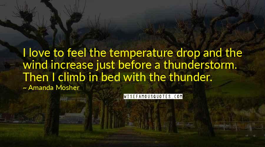 Amanda Mosher Quotes: I love to feel the temperature drop and the wind increase just before a thunderstorm. Then I climb in bed with the thunder.