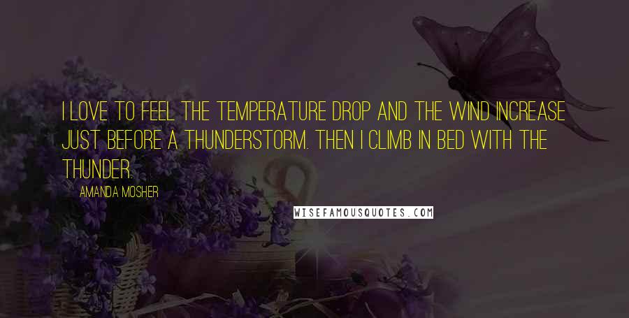 Amanda Mosher Quotes: I love to feel the temperature drop and the wind increase just before a thunderstorm. Then I climb in bed with the thunder.