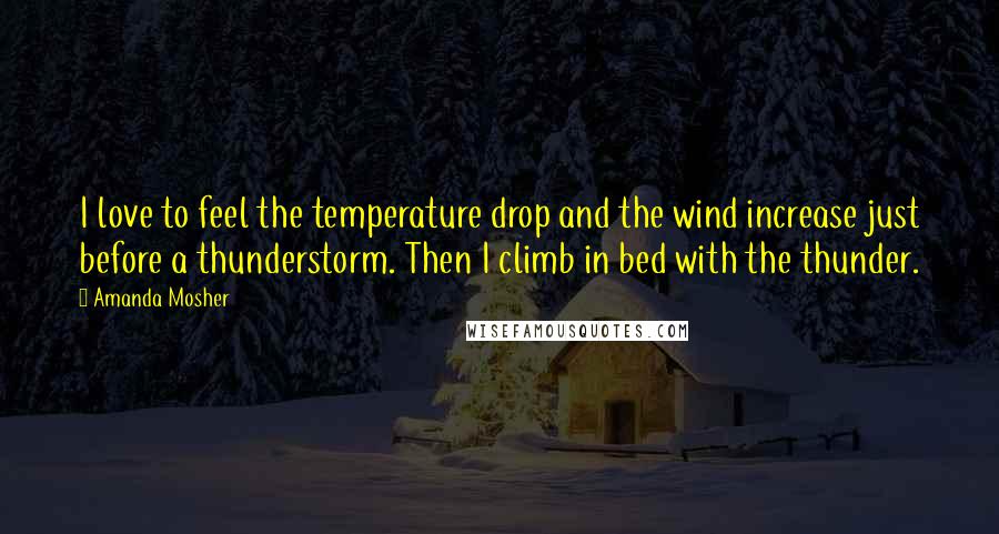 Amanda Mosher Quotes: I love to feel the temperature drop and the wind increase just before a thunderstorm. Then I climb in bed with the thunder.