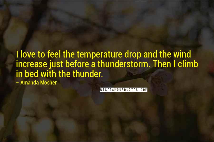 Amanda Mosher Quotes: I love to feel the temperature drop and the wind increase just before a thunderstorm. Then I climb in bed with the thunder.