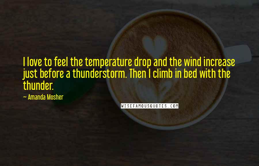 Amanda Mosher Quotes: I love to feel the temperature drop and the wind increase just before a thunderstorm. Then I climb in bed with the thunder.