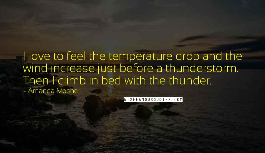 Amanda Mosher Quotes: I love to feel the temperature drop and the wind increase just before a thunderstorm. Then I climb in bed with the thunder.