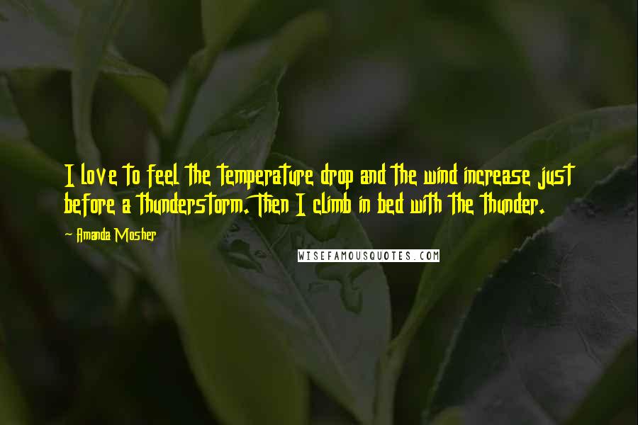 Amanda Mosher Quotes: I love to feel the temperature drop and the wind increase just before a thunderstorm. Then I climb in bed with the thunder.