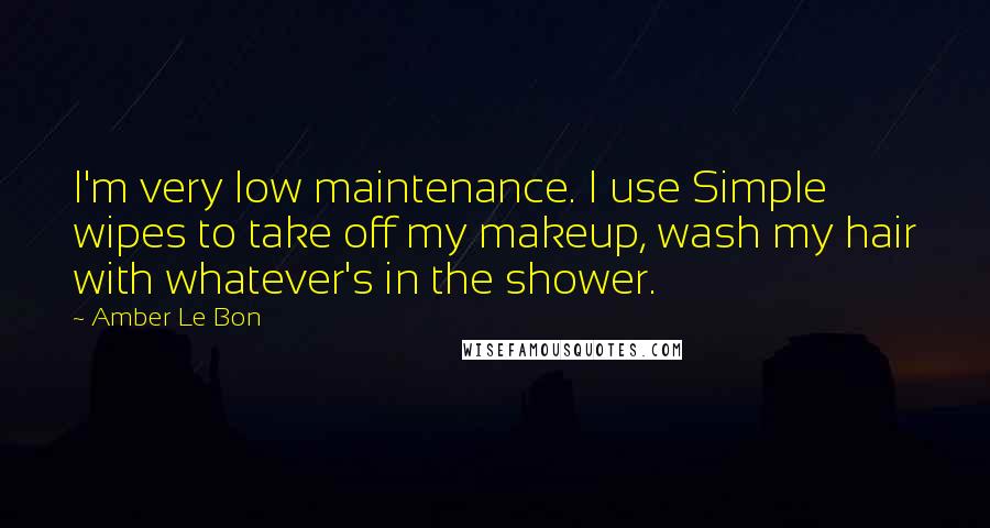 Amber Le Bon Quotes: I'm very low maintenance. I use Simple wipes to take off my makeup, wash my hair with whatever's in the shower.