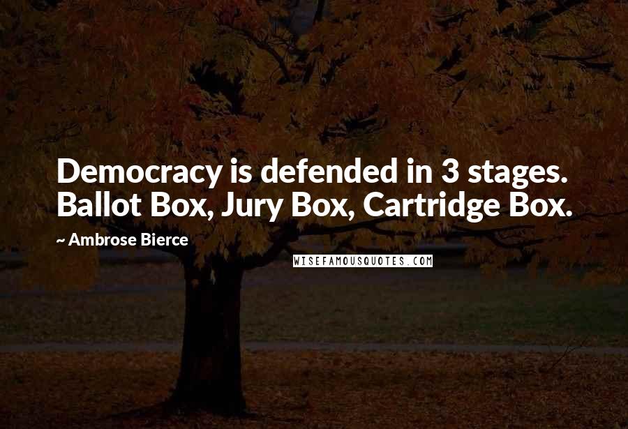 Ambrose Bierce Quotes: Democracy is defended in 3 stages. Ballot Box, Jury Box, Cartridge Box.