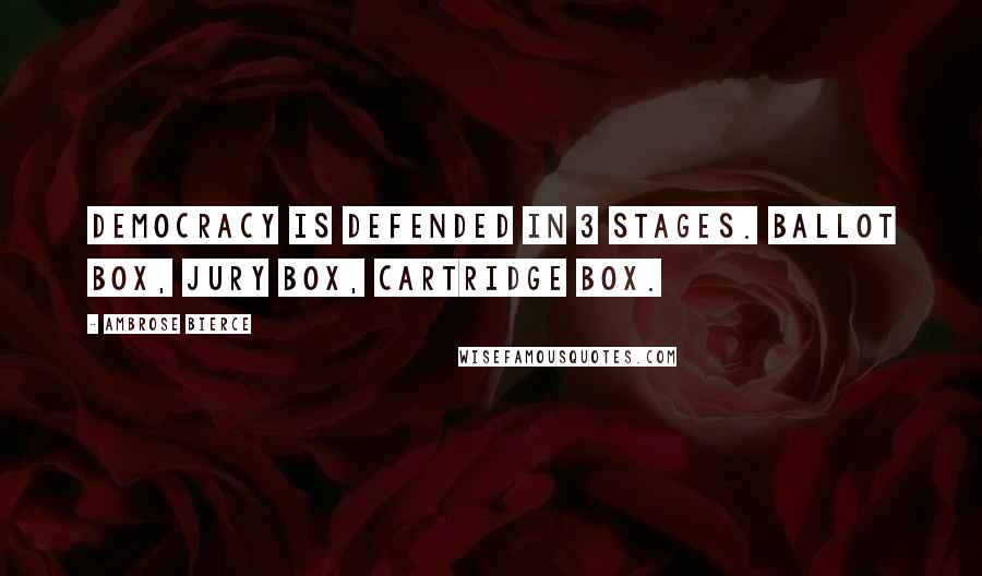 Ambrose Bierce Quotes: Democracy is defended in 3 stages. Ballot Box, Jury Box, Cartridge Box.