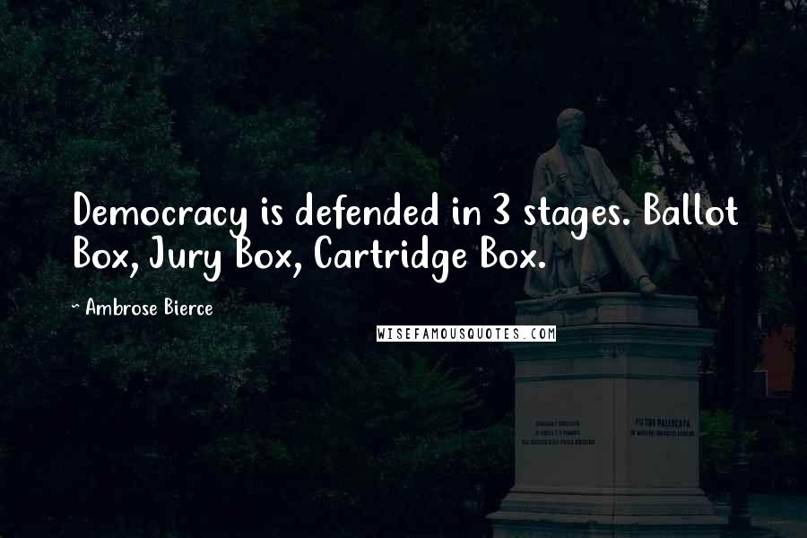 Ambrose Bierce Quotes: Democracy is defended in 3 stages. Ballot Box, Jury Box, Cartridge Box.