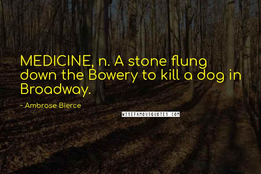 Ambrose Bierce Quotes: MEDICINE, n. A stone flung down the Bowery to kill a dog in Broadway.