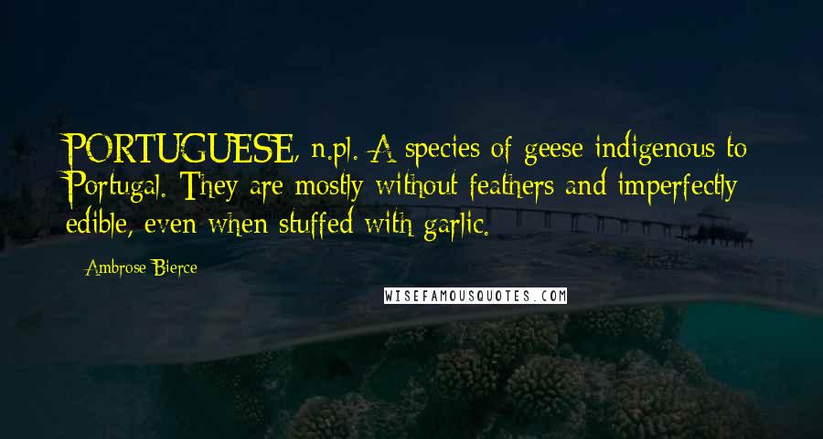 Ambrose Bierce Quotes: PORTUGUESE, n.pl. A species of geese indigenous to Portugal. They are mostly without feathers and imperfectly edible, even when stuffed with garlic.