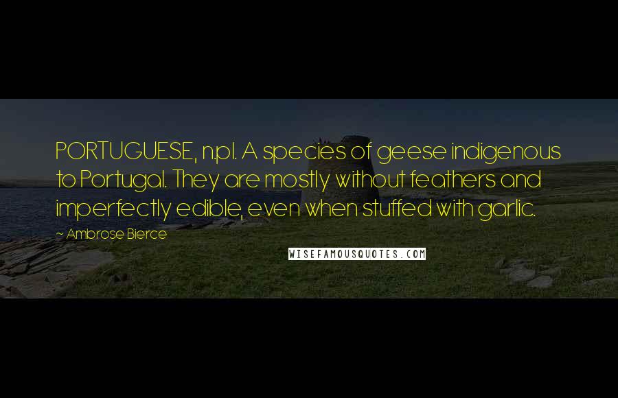 Ambrose Bierce Quotes: PORTUGUESE, n.pl. A species of geese indigenous to Portugal. They are mostly without feathers and imperfectly edible, even when stuffed with garlic.