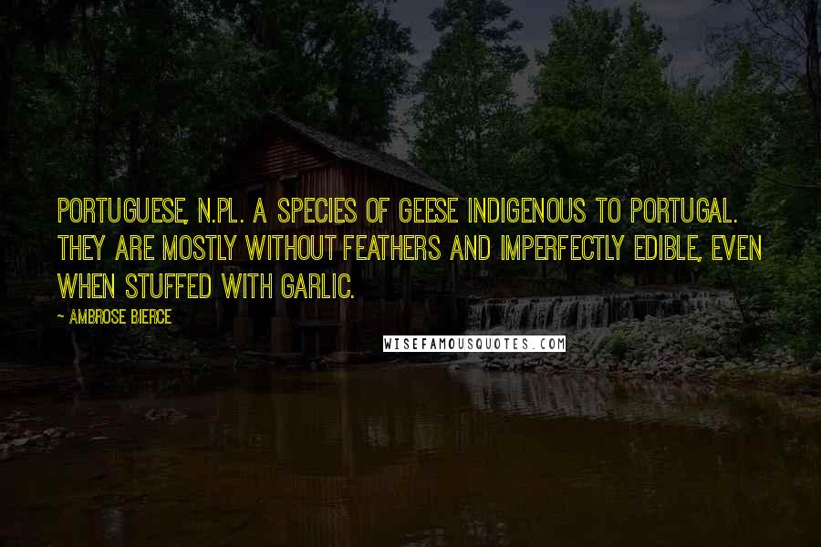 Ambrose Bierce Quotes: PORTUGUESE, n.pl. A species of geese indigenous to Portugal. They are mostly without feathers and imperfectly edible, even when stuffed with garlic.