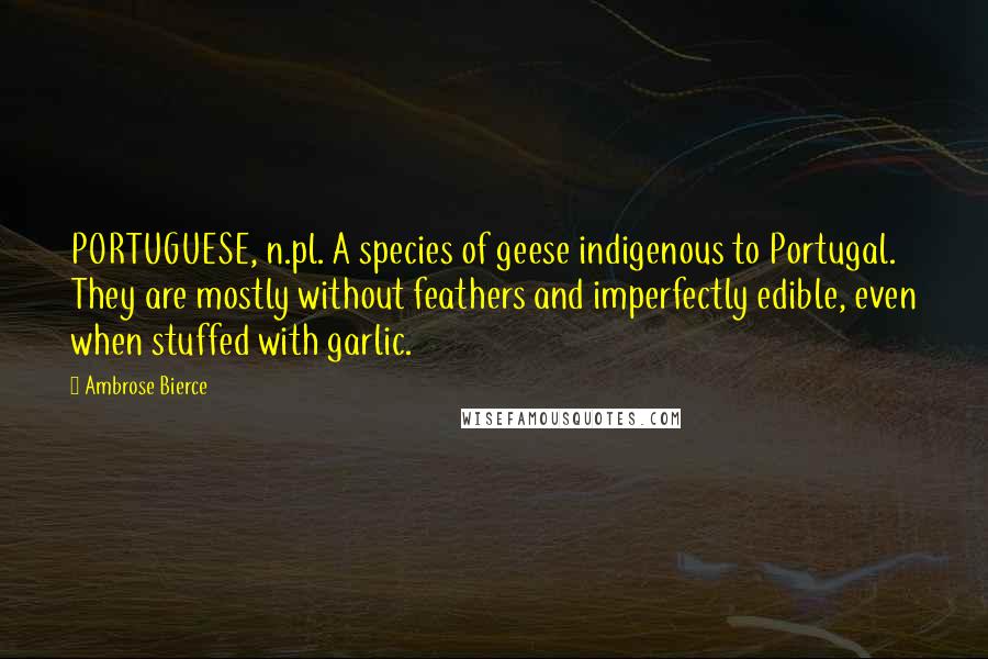 Ambrose Bierce Quotes: PORTUGUESE, n.pl. A species of geese indigenous to Portugal. They are mostly without feathers and imperfectly edible, even when stuffed with garlic.