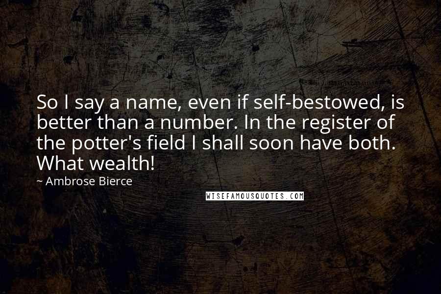 Ambrose Bierce Quotes: So I say a name, even if self-bestowed, is better than a number. In the register of the potter's field I shall soon have both. What wealth!