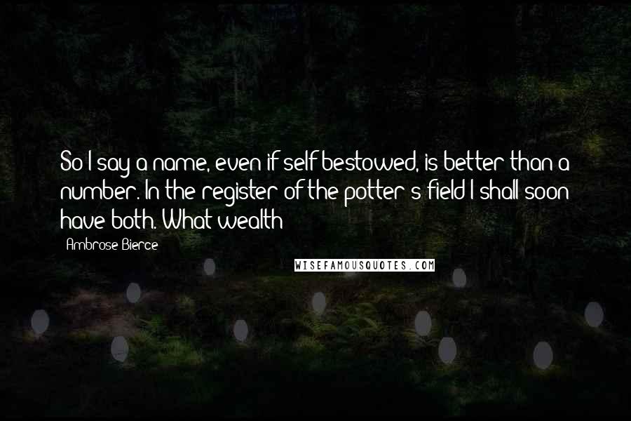 Ambrose Bierce Quotes: So I say a name, even if self-bestowed, is better than a number. In the register of the potter's field I shall soon have both. What wealth!