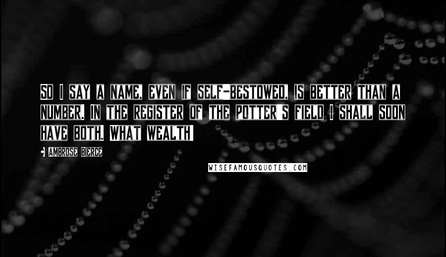Ambrose Bierce Quotes: So I say a name, even if self-bestowed, is better than a number. In the register of the potter's field I shall soon have both. What wealth!