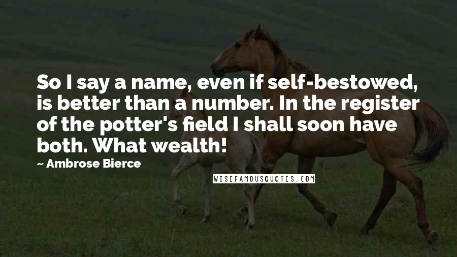 Ambrose Bierce Quotes: So I say a name, even if self-bestowed, is better than a number. In the register of the potter's field I shall soon have both. What wealth!