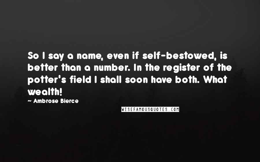 Ambrose Bierce Quotes: So I say a name, even if self-bestowed, is better than a number. In the register of the potter's field I shall soon have both. What wealth!