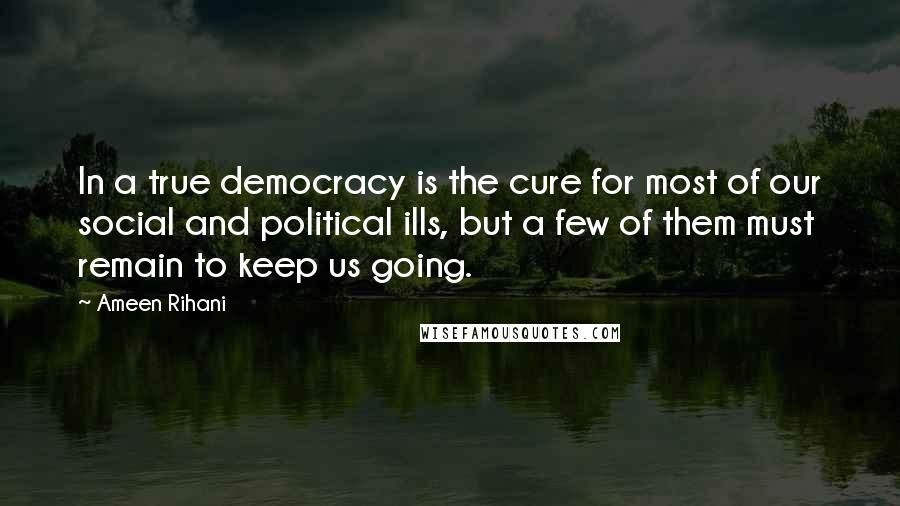 Ameen Rihani Quotes: In a true democracy is the cure for most of our social and political ills, but a few of them must remain to keep us going.