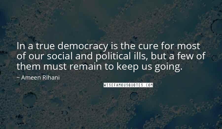 Ameen Rihani Quotes: In a true democracy is the cure for most of our social and political ills, but a few of them must remain to keep us going.