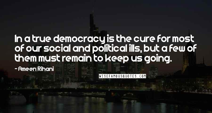 Ameen Rihani Quotes: In a true democracy is the cure for most of our social and political ills, but a few of them must remain to keep us going.