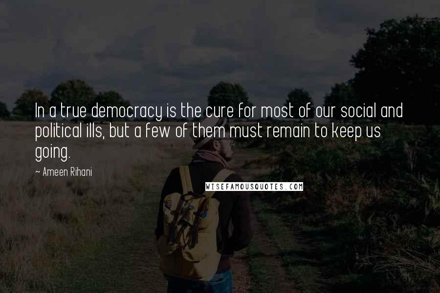 Ameen Rihani Quotes: In a true democracy is the cure for most of our social and political ills, but a few of them must remain to keep us going.