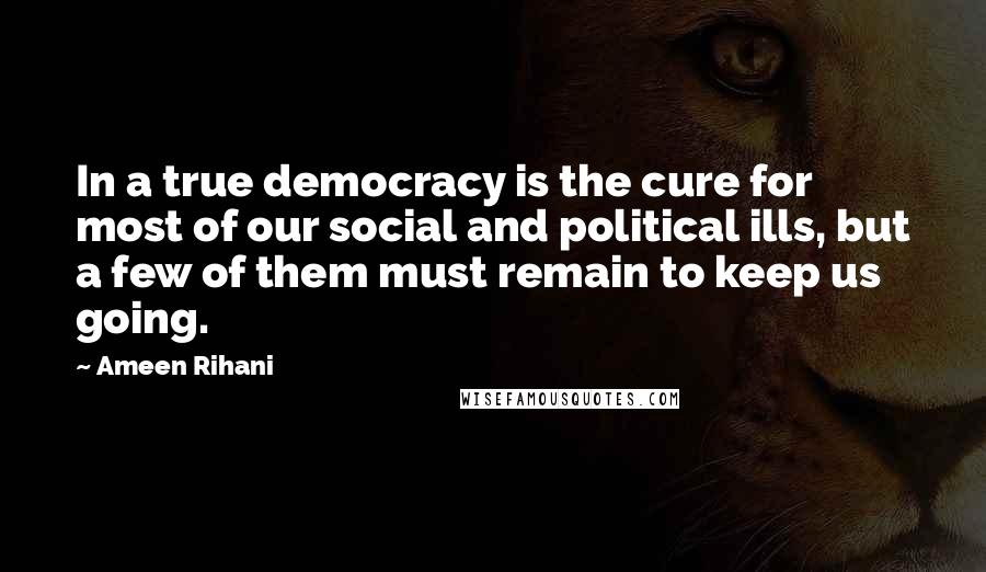 Ameen Rihani Quotes: In a true democracy is the cure for most of our social and political ills, but a few of them must remain to keep us going.