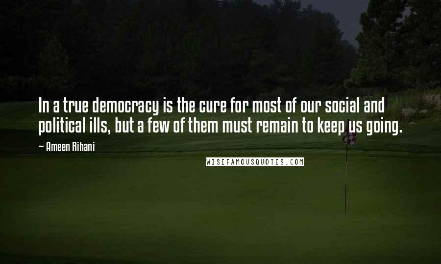 Ameen Rihani Quotes: In a true democracy is the cure for most of our social and political ills, but a few of them must remain to keep us going.