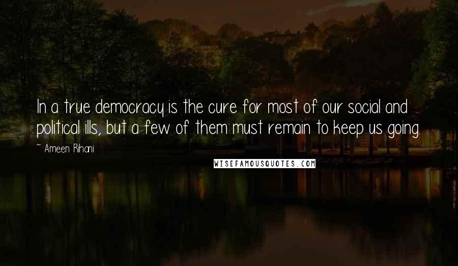 Ameen Rihani Quotes: In a true democracy is the cure for most of our social and political ills, but a few of them must remain to keep us going.