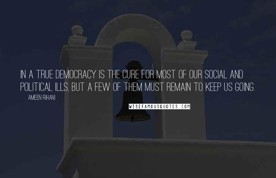 Ameen Rihani Quotes: In a true democracy is the cure for most of our social and political ills, but a few of them must remain to keep us going.