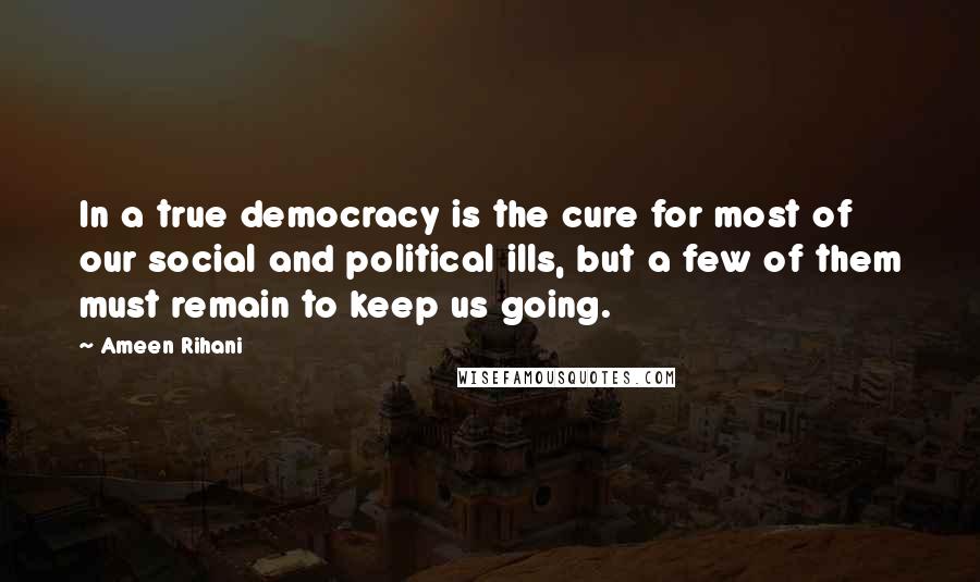 Ameen Rihani Quotes: In a true democracy is the cure for most of our social and political ills, but a few of them must remain to keep us going.