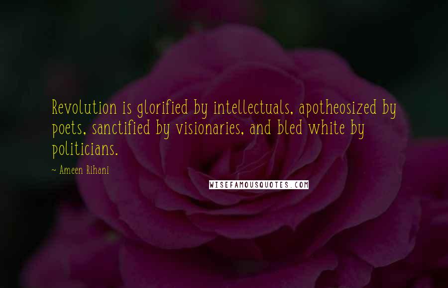 Ameen Rihani Quotes: Revolution is glorified by intellectuals, apotheosized by poets, sanctified by visionaries, and bled white by politicians.