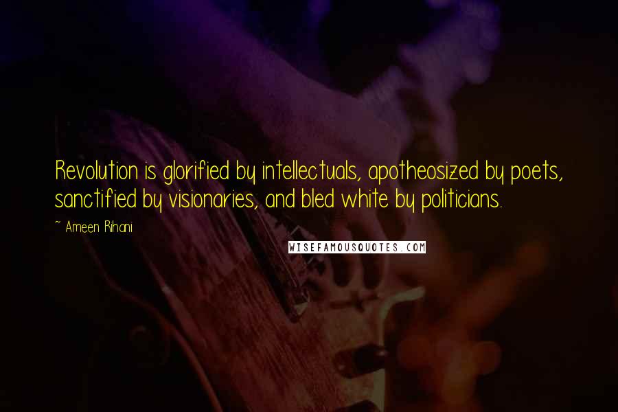 Ameen Rihani Quotes: Revolution is glorified by intellectuals, apotheosized by poets, sanctified by visionaries, and bled white by politicians.