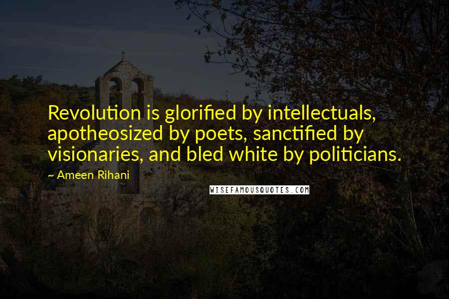 Ameen Rihani Quotes: Revolution is glorified by intellectuals, apotheosized by poets, sanctified by visionaries, and bled white by politicians.
