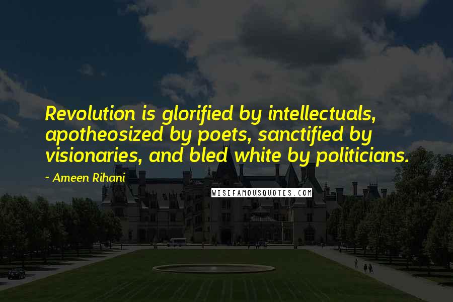 Ameen Rihani Quotes: Revolution is glorified by intellectuals, apotheosized by poets, sanctified by visionaries, and bled white by politicians.
