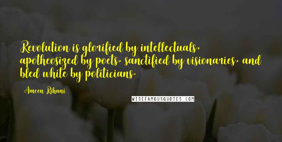 Ameen Rihani Quotes: Revolution is glorified by intellectuals, apotheosized by poets, sanctified by visionaries, and bled white by politicians.