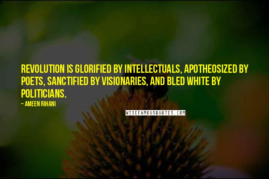 Ameen Rihani Quotes: Revolution is glorified by intellectuals, apotheosized by poets, sanctified by visionaries, and bled white by politicians.