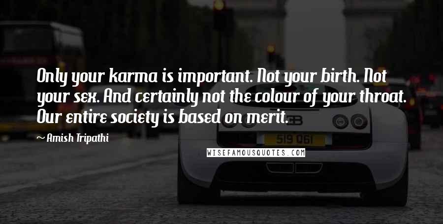 Amish Tripathi Quotes: Only your karma is important. Not your birth. Not your sex. And certainly not the colour of your throat. Our entire society is based on merit.