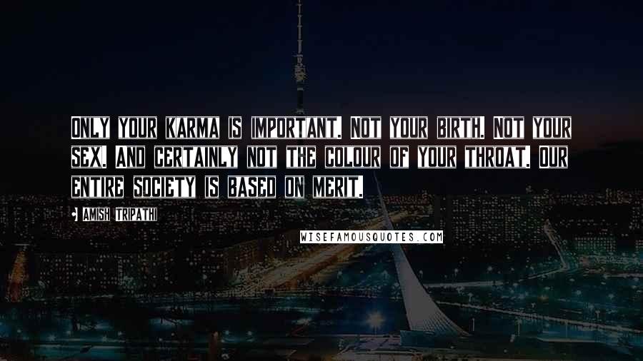 Amish Tripathi Quotes: Only your karma is important. Not your birth. Not your sex. And certainly not the colour of your throat. Our entire society is based on merit.