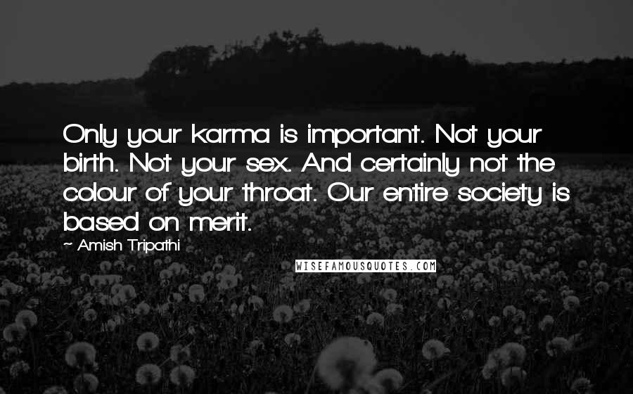 Amish Tripathi Quotes: Only your karma is important. Not your birth. Not your sex. And certainly not the colour of your throat. Our entire society is based on merit.