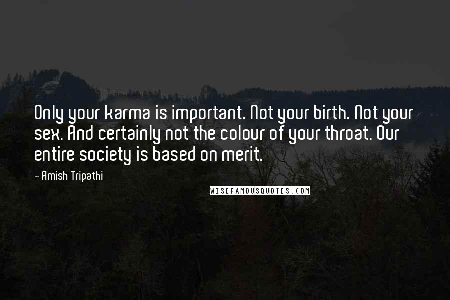 Amish Tripathi Quotes: Only your karma is important. Not your birth. Not your sex. And certainly not the colour of your throat. Our entire society is based on merit.