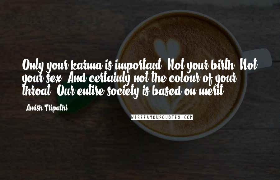 Amish Tripathi Quotes: Only your karma is important. Not your birth. Not your sex. And certainly not the colour of your throat. Our entire society is based on merit.