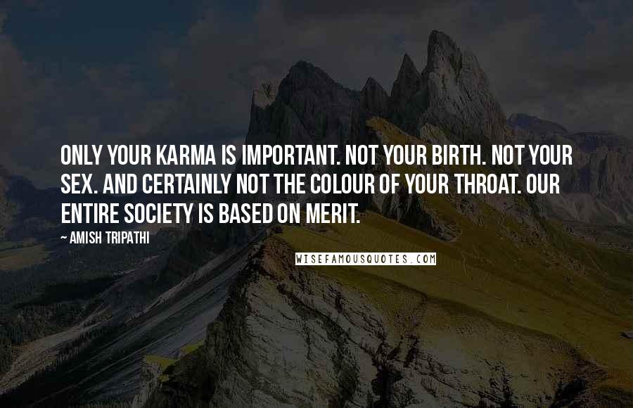 Amish Tripathi Quotes: Only your karma is important. Not your birth. Not your sex. And certainly not the colour of your throat. Our entire society is based on merit.