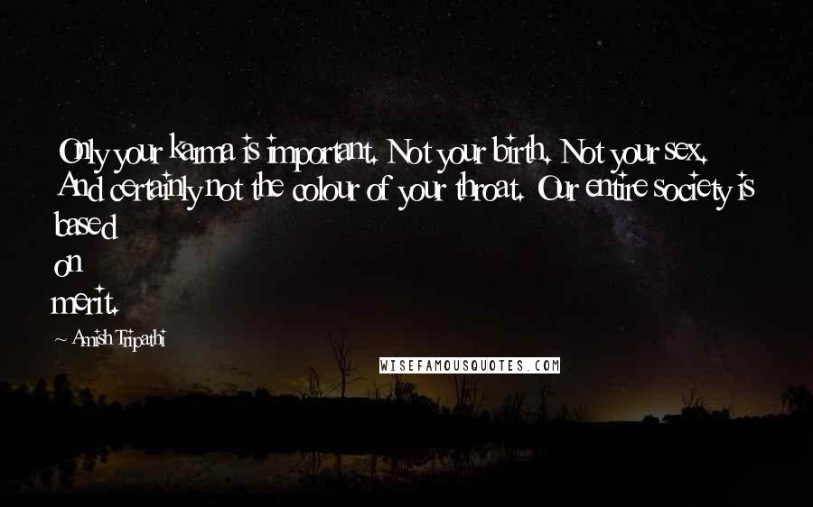 Amish Tripathi Quotes: Only your karma is important. Not your birth. Not your sex. And certainly not the colour of your throat. Our entire society is based on merit.