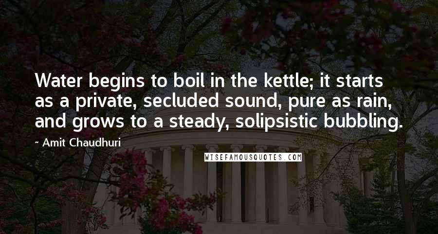 Amit Chaudhuri Quotes: Water begins to boil in the kettle; it starts as a private, secluded sound, pure as rain, and grows to a steady, solipsistic bubbling.