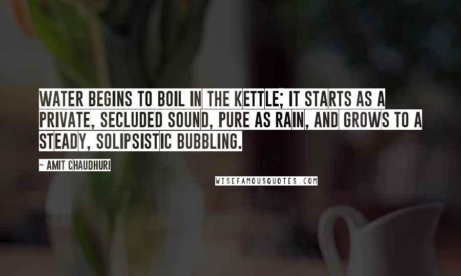 Amit Chaudhuri Quotes: Water begins to boil in the kettle; it starts as a private, secluded sound, pure as rain, and grows to a steady, solipsistic bubbling.