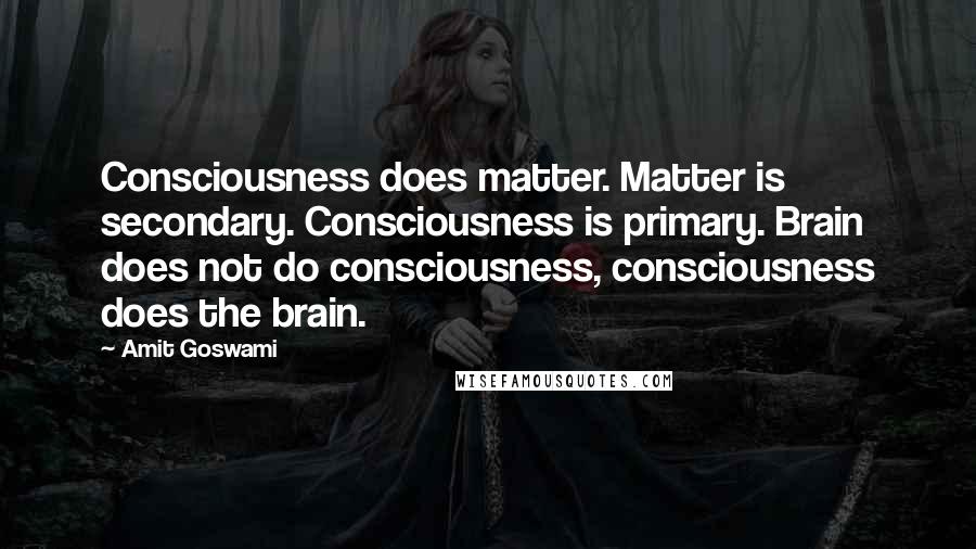 Amit Goswami Quotes: Consciousness does matter. Matter is secondary. Consciousness is primary. Brain does not do consciousness, consciousness does the brain.