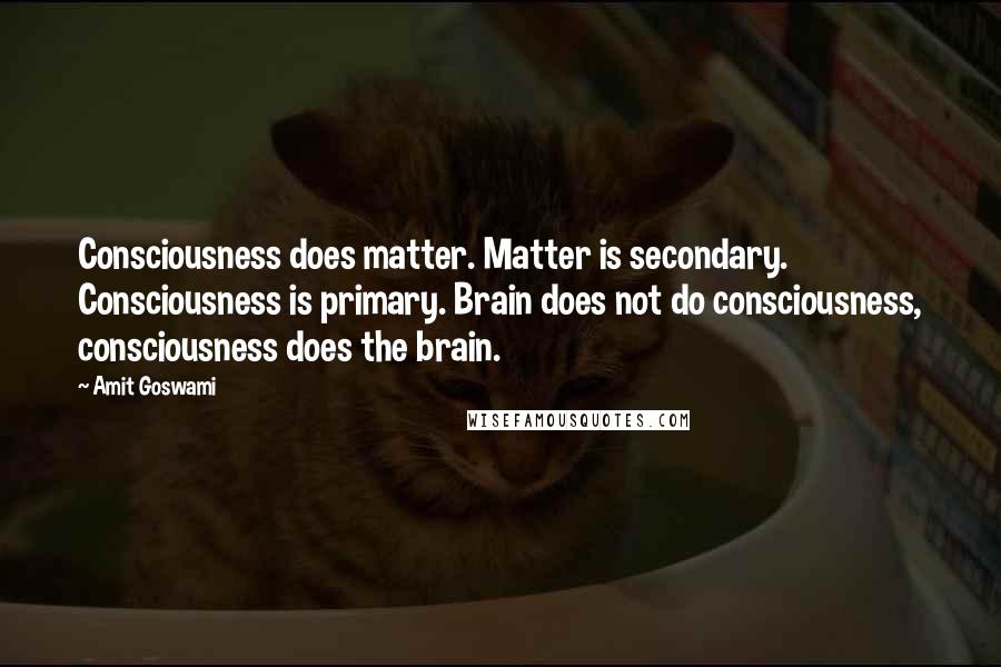 Amit Goswami Quotes: Consciousness does matter. Matter is secondary. Consciousness is primary. Brain does not do consciousness, consciousness does the brain.